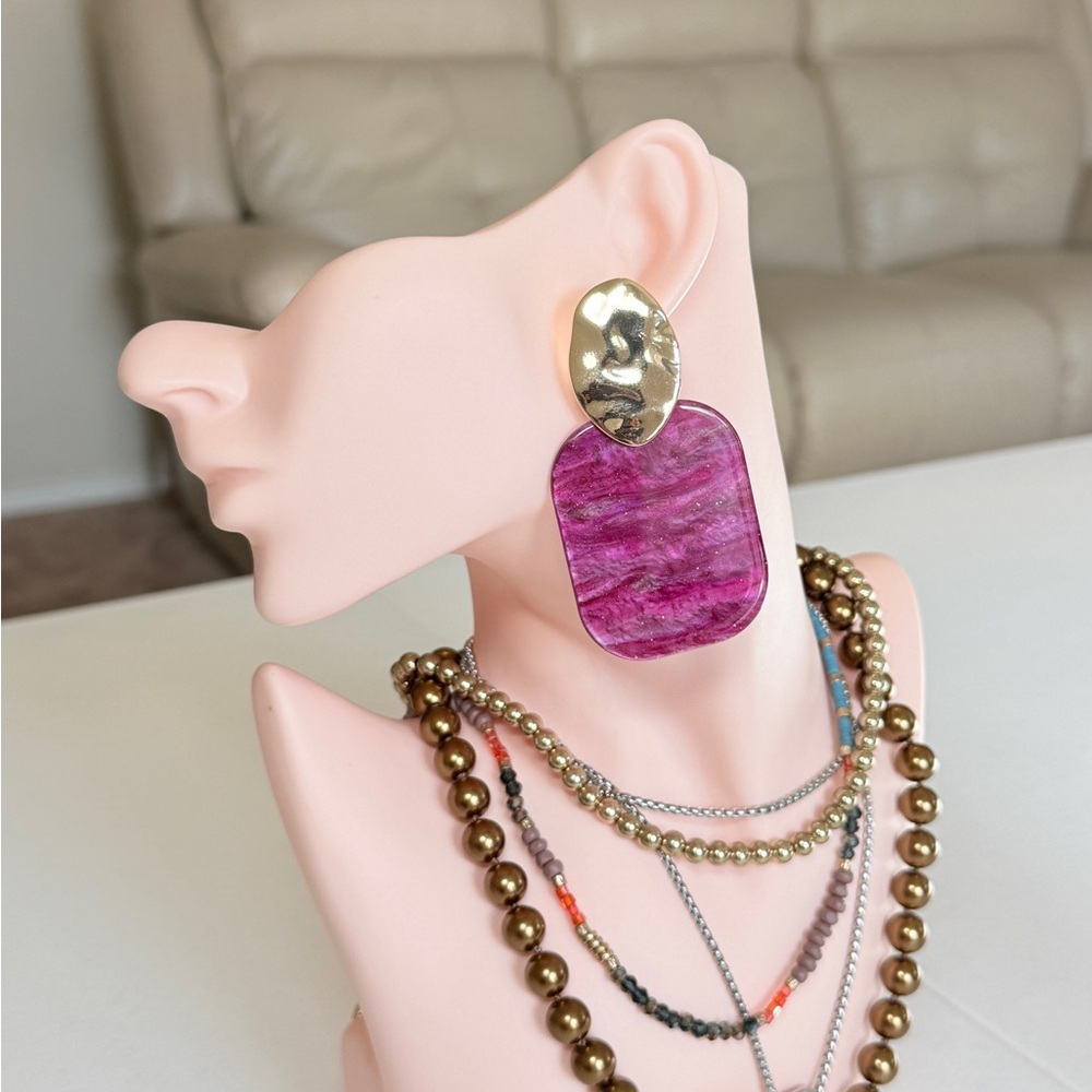 Gold & Pink Statement Drop Earrings - Fashion Jewelry
